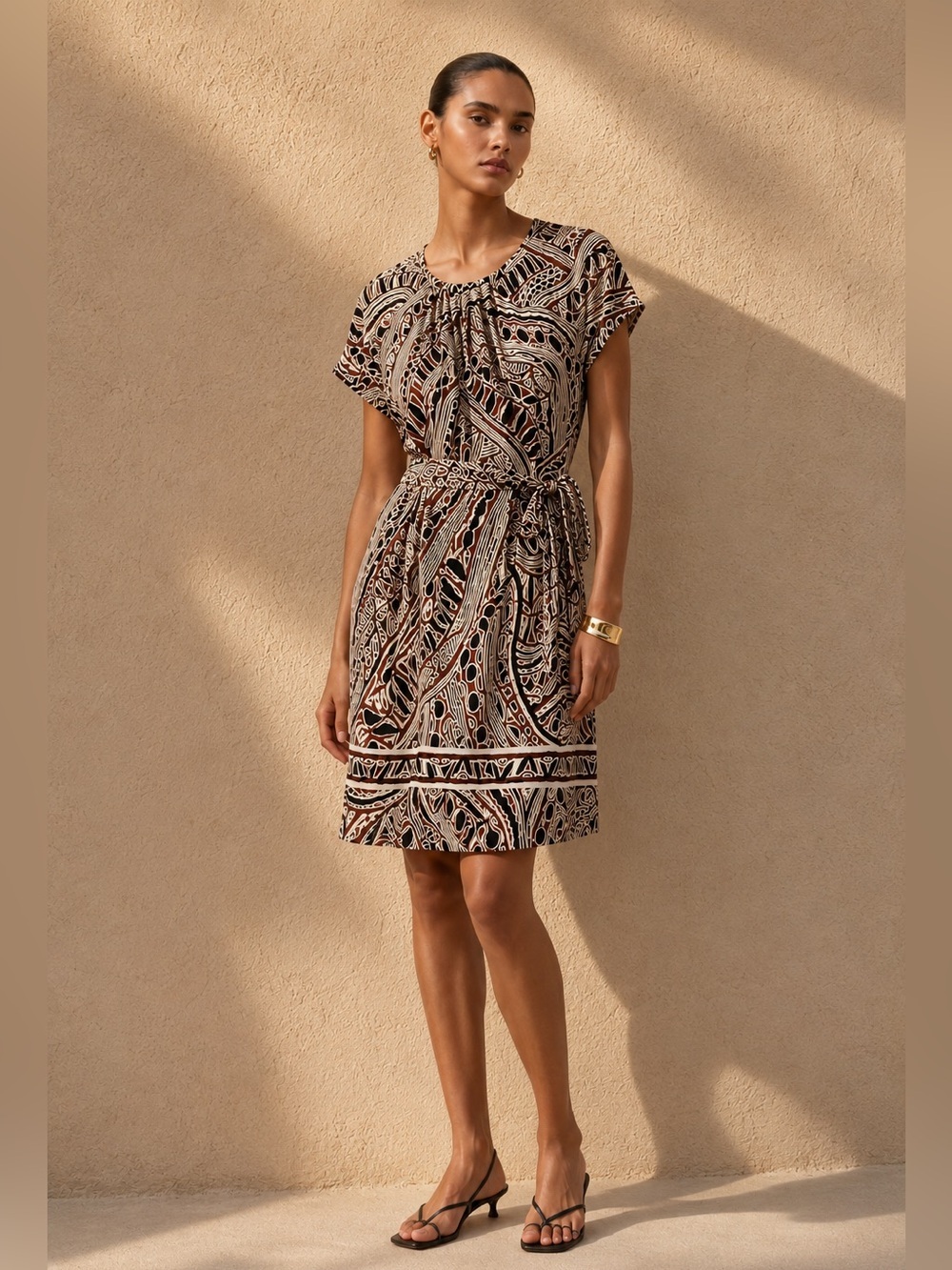 Trina Turk 100% Silk Resort Mini Dress Brown Cream Black Print. Size 6